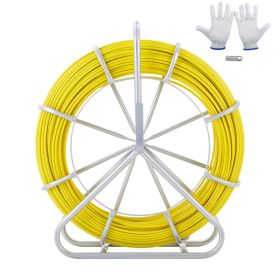 Fish Tape Fiberglass, 656 ft, 1/4 inch, Duct Rodder Fishtape Wire Puller, Cable Running Rod with Steel Reel Stand, 3 Pulling Heads