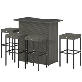 5 Piece Rattan Wicker Bar Set, High Top Outdoor Table and Chairs, Bar Height Patio Set, 2 Shelves & 4 Bar Stools, Gray (Option: Dark Gray-815x405x370 mm)