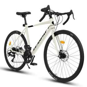 A28320RL 700C Road Bike, 16-Speed Outdoor Bike Disc Brakes, Light Weight Aluminum Frame, Racing Bike City Commuting Road Bicycle L Size for Men W (Color: Cream L size)