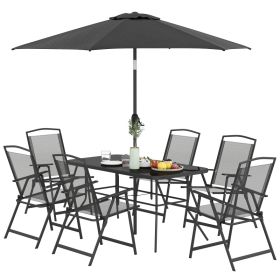 8 Piece Outdoor Dining Set, Patio Furniture Set with Umbrella, 6 Folding Chairs, Rectangle Table and Mesh Seat, Black (Option: Black-875x325x580 mm)